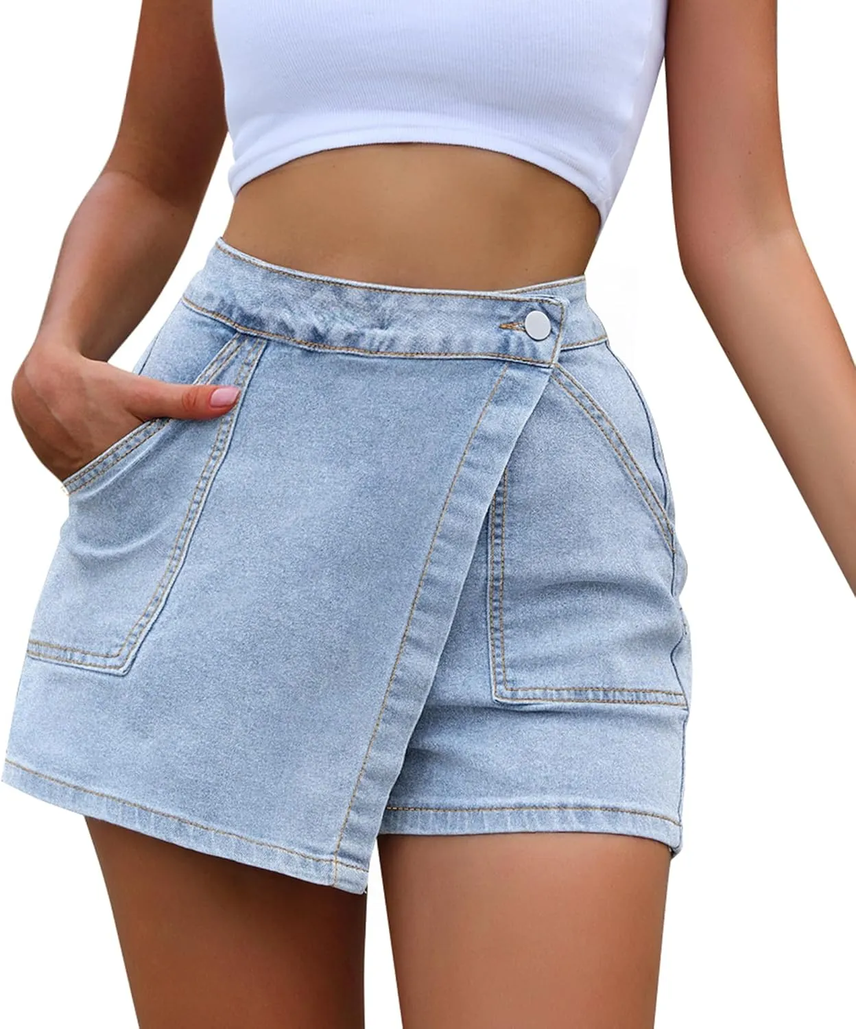 Women High Waisted Wrap Denim Shorts Casual Y2k Denim Cargo Jeasn Skort Cross Over Waist Asymmetrical Mini Shorts