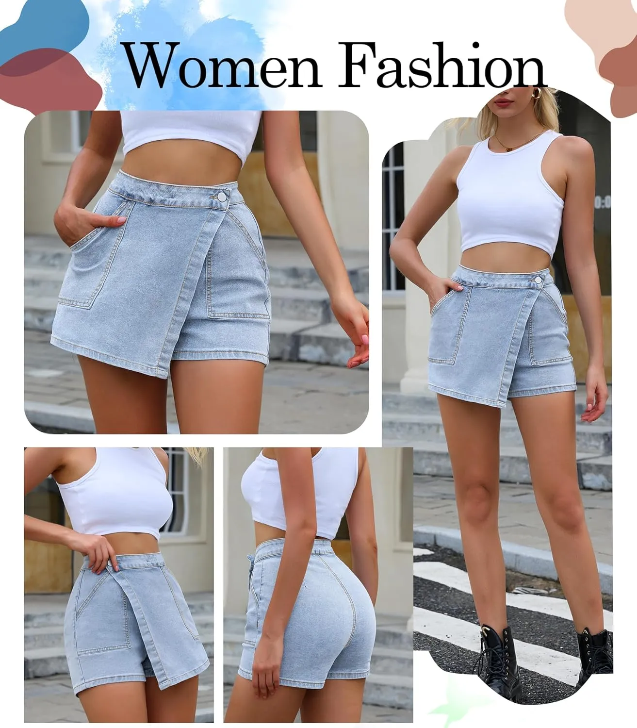 Women High Waisted Wrap Denim Shorts Casual Y2k Denim Cargo Jeasn Skort Cross Over Waist Asymmetrical Mini Shorts