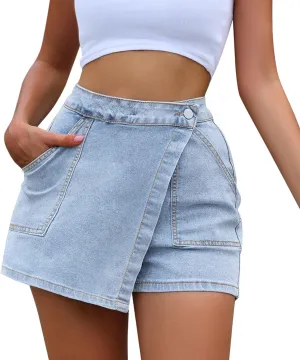 Women High Waisted Wrap Denim Shorts Casual Y2k Denim Cargo Jeasn Skort Cross Over Waist Asymmetrical Mini Shorts