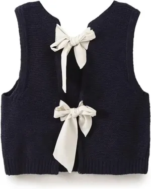 Women Knit Waistcoat Bow Tie Open Back Sweater Vest Top Slim Fit Casual Crop Cardigan Sleeveless Pullover