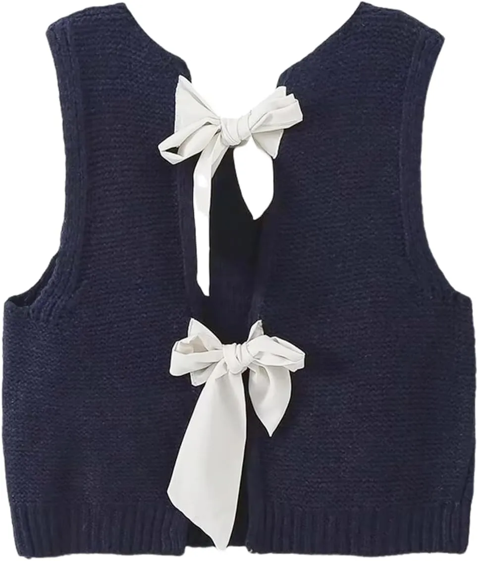 Women Knit Waistcoat Bow Tie Open Back Sweater Vest Top Slim Fit Casual Crop Cardigan Sleeveless Pullover