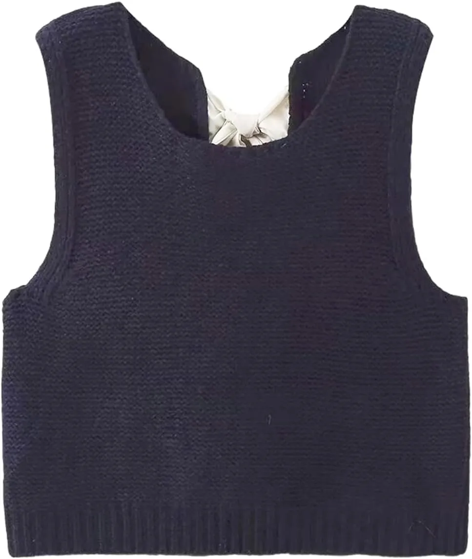 Women Knit Waistcoat Bow Tie Open Back Sweater Vest Top Slim Fit Casual Crop Cardigan Sleeveless Pullover