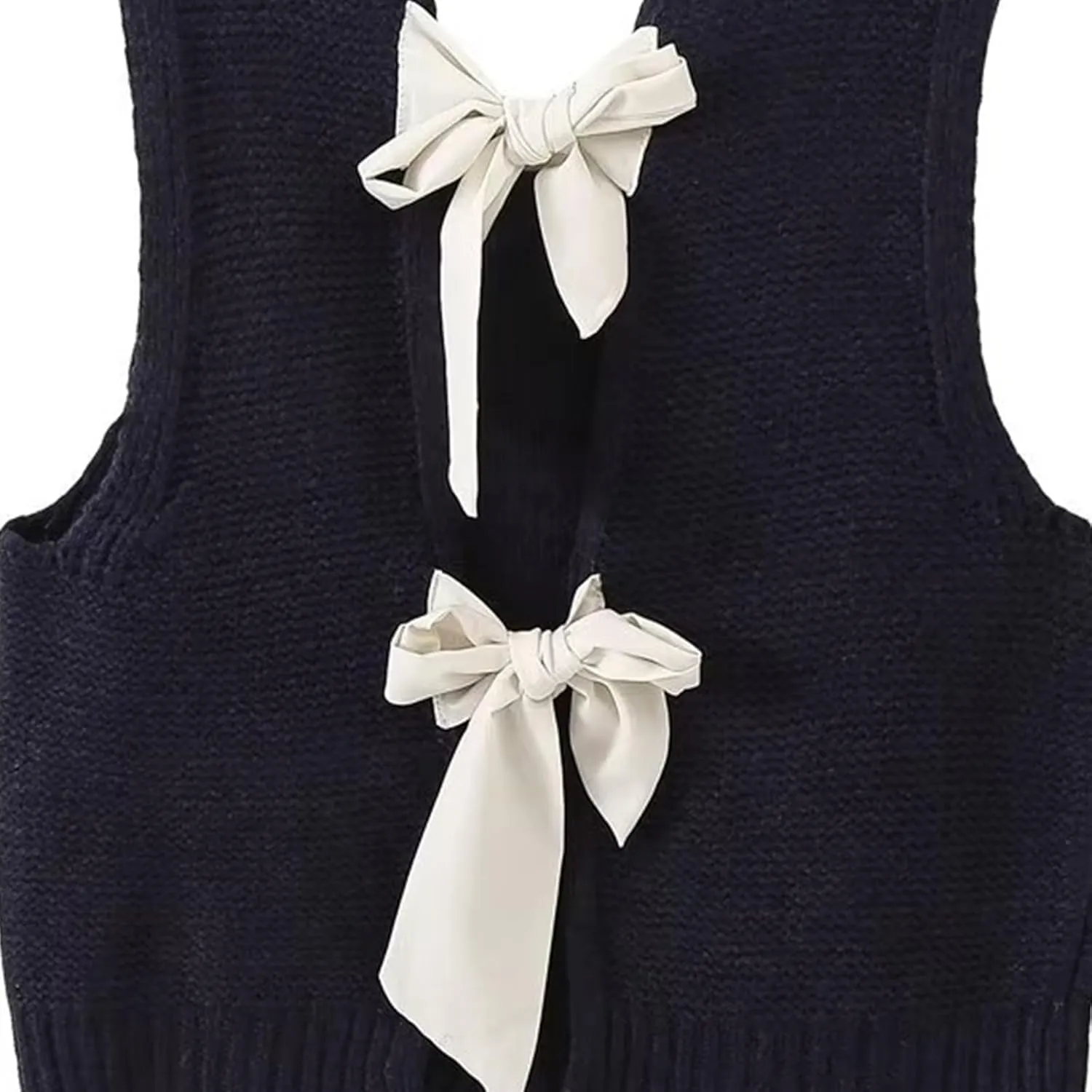 Women Knit Waistcoat Bow Tie Open Back Sweater Vest Top Slim Fit Casual Crop Cardigan Sleeveless Pullover