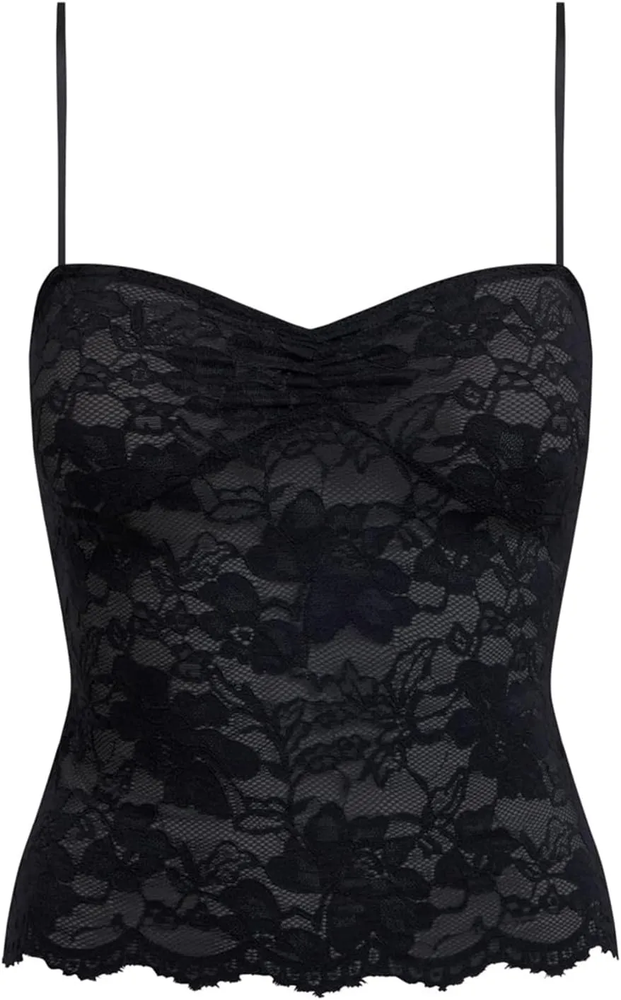 Women Lace Camisole Top Y2k Spaghetti Strap Cami Tank Sleeveless Backless Mesh See Through Going Out Slim Crop Top