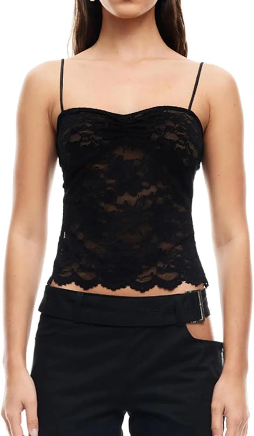 Women Lace Camisole Top Y2k Spaghetti Strap Cami Tank Sleeveless Backless Mesh See Through Going Out Slim Crop Top