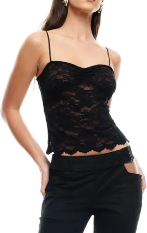 Women Lace Camisole Top Y2k Spaghetti Strap Cami Tank Sleeveless Backless Mesh See Through Going Out Slim Crop Top