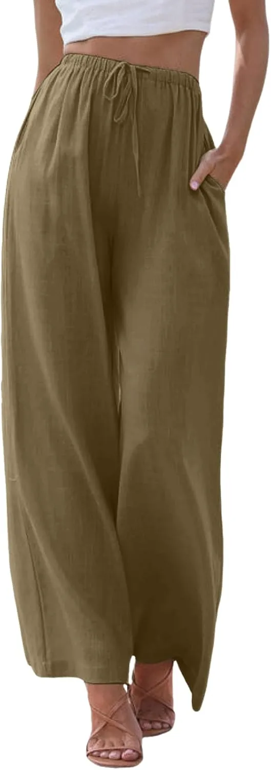 Women Linen Pants 2025 Summer Casual Loose Wide Leg Palazzo Pants Lightweight High Waist Beach Flowy Trousers