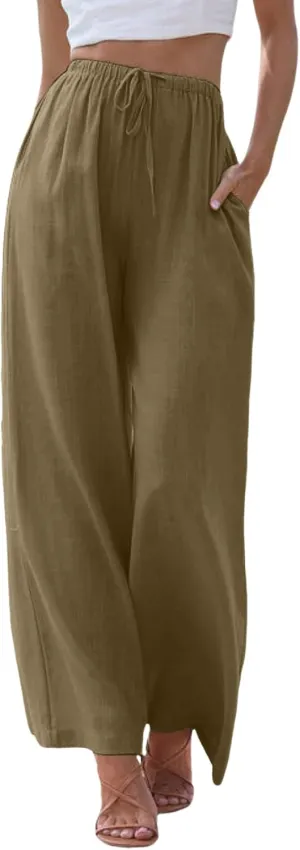 Women Linen Pants 2025 Summer Casual Loose Wide Leg Palazzo Pants Lightweight High Waist Beach Flowy Trousers