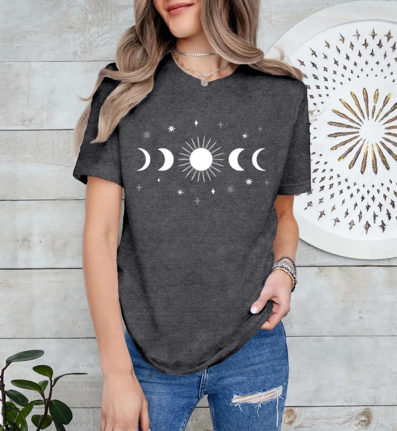 Women Moon Phase Shirts Astronomy T-Shirt Astology Lover Tee Celestial Tops
