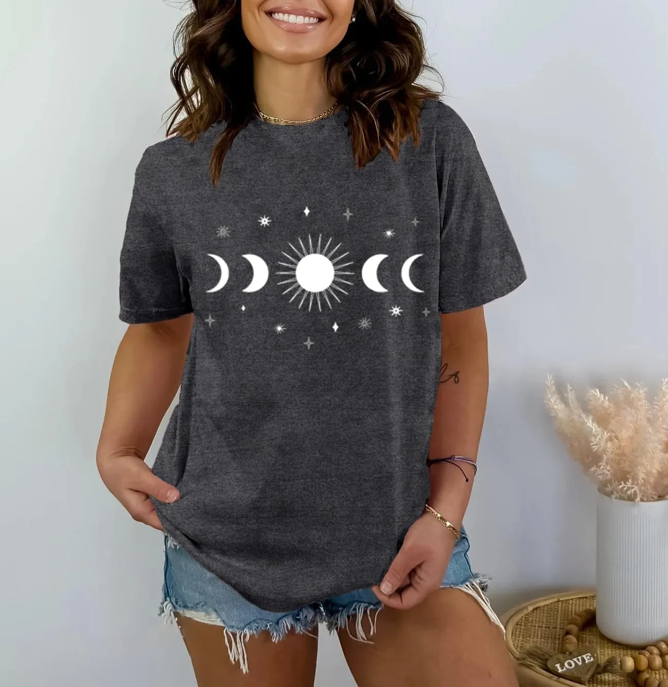Women Moon Phase Shirts Astronomy T-Shirt Astology Lover Tee Celestial Tops