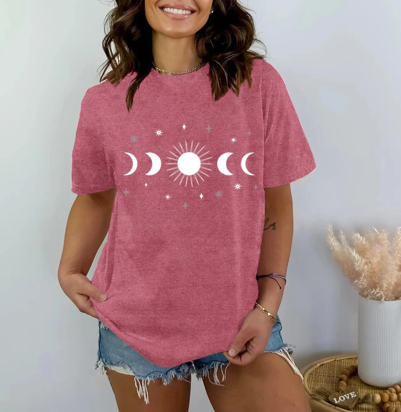 Women Moon Phase Shirts Astronomy T-Shirt Astology Lover Tee Celestial Tops