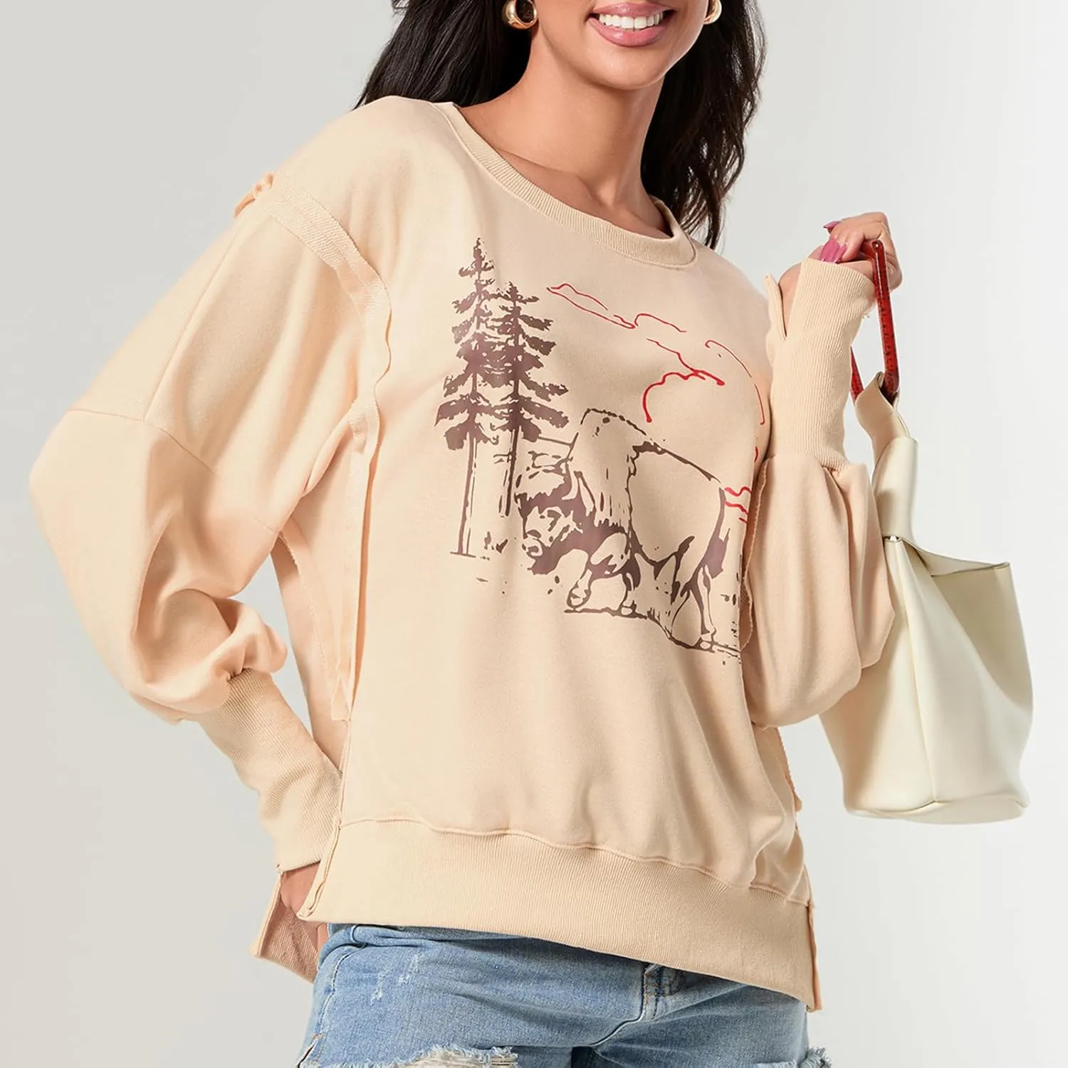 Women Oversized Graphic Sweatshirt Y2K Long Sleeve Crewneck Drop Shoulder Tee Shirt Vintage Loose Fit Pullover Tops