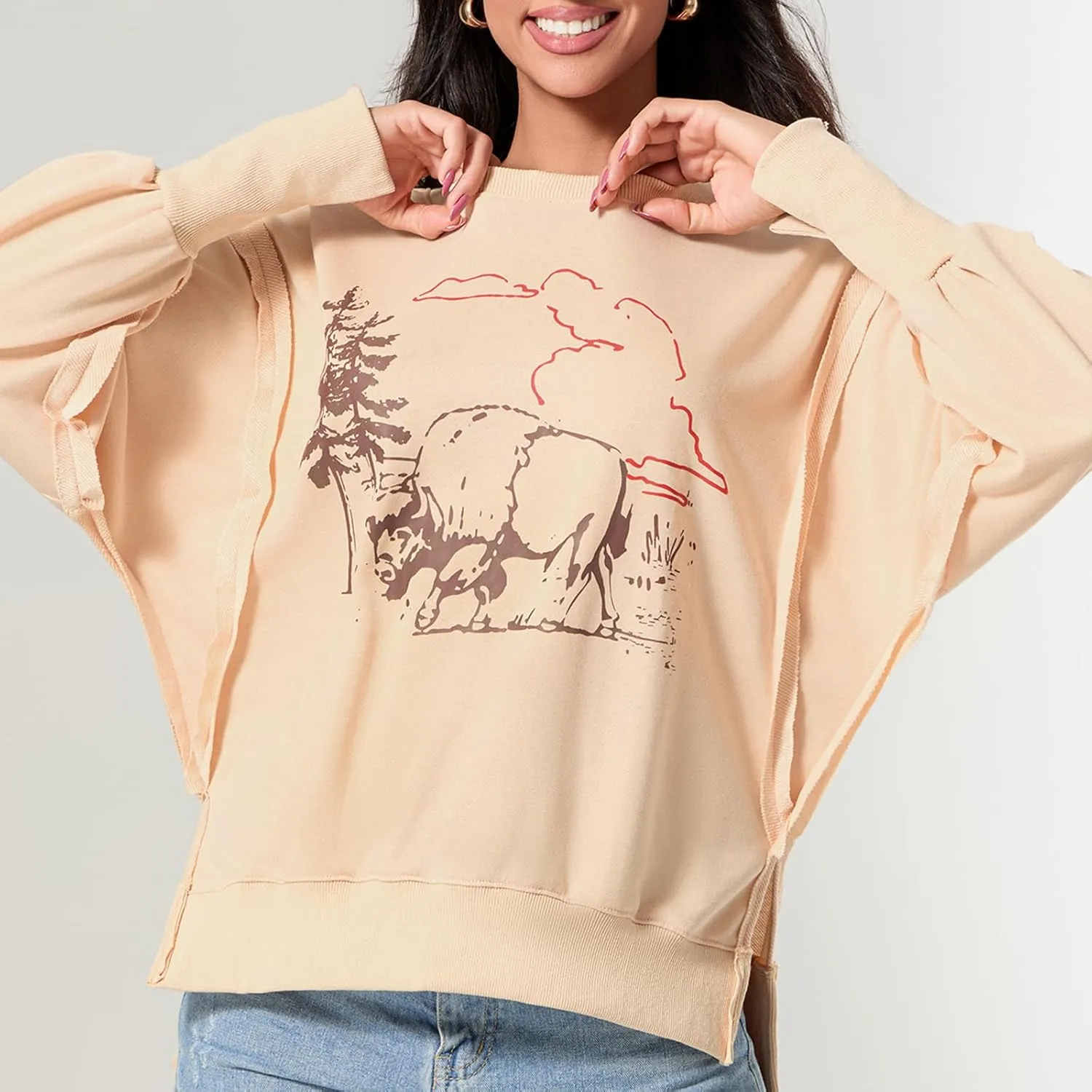 Women Oversized Graphic Sweatshirt Y2K Long Sleeve Crewneck Drop Shoulder Tee Shirt Vintage Loose Fit Pullover Tops