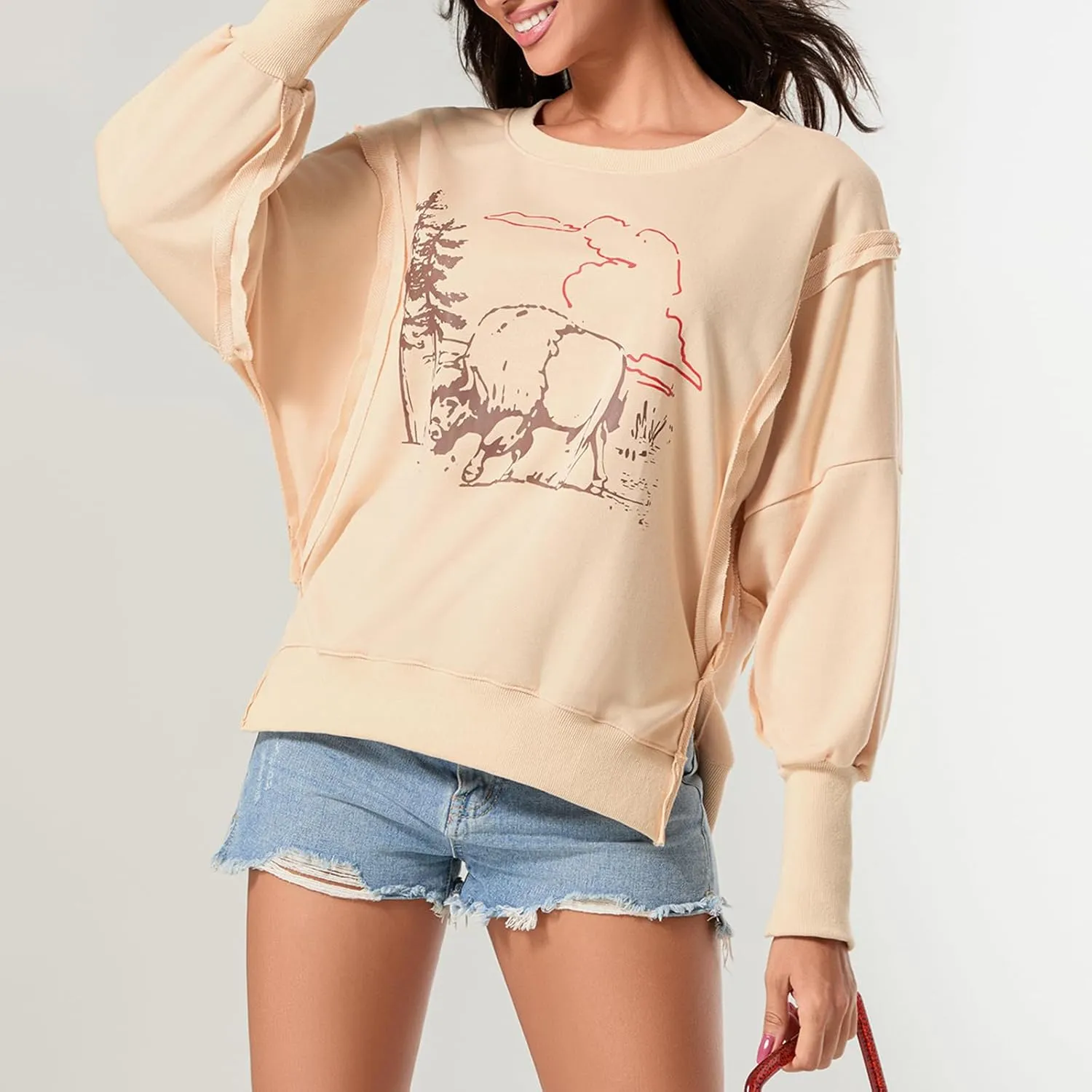 Women Oversized Graphic Sweatshirt Y2K Long Sleeve Crewneck Drop Shoulder Tee Shirt Vintage Loose Fit Pullover Tops