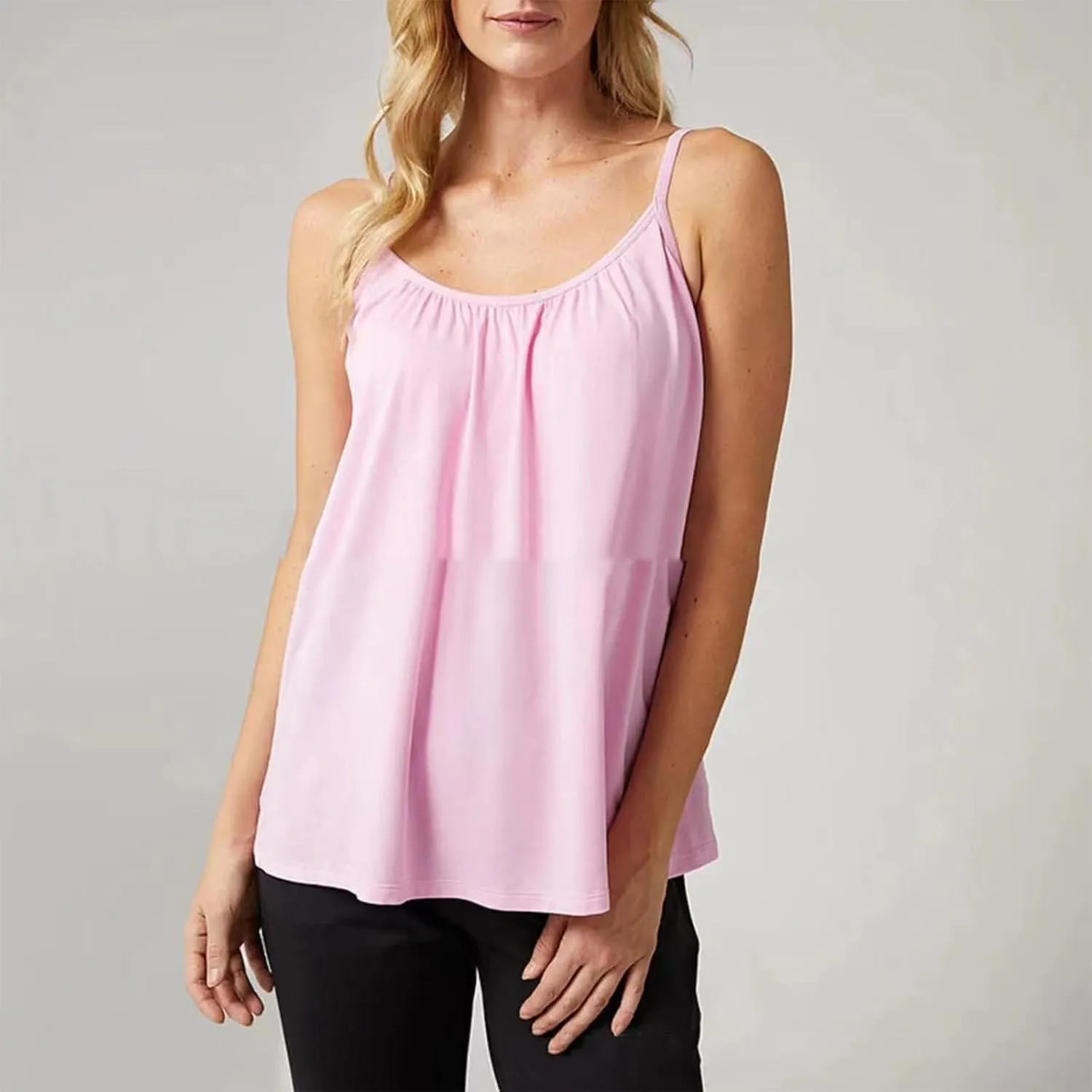 Women Plus Size Tank Top Built-in Bra Spaghetti Strap Camisole Scoop Neck Sleeveless Cami Top Loose Flowy Tunic Shirt