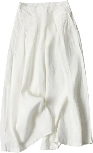 Women' S Culottes Linen Blend Wide Leg Pants Elastic Waist Casual Palazzo Trousers Baggy Comfy Capri Pant with Pocket