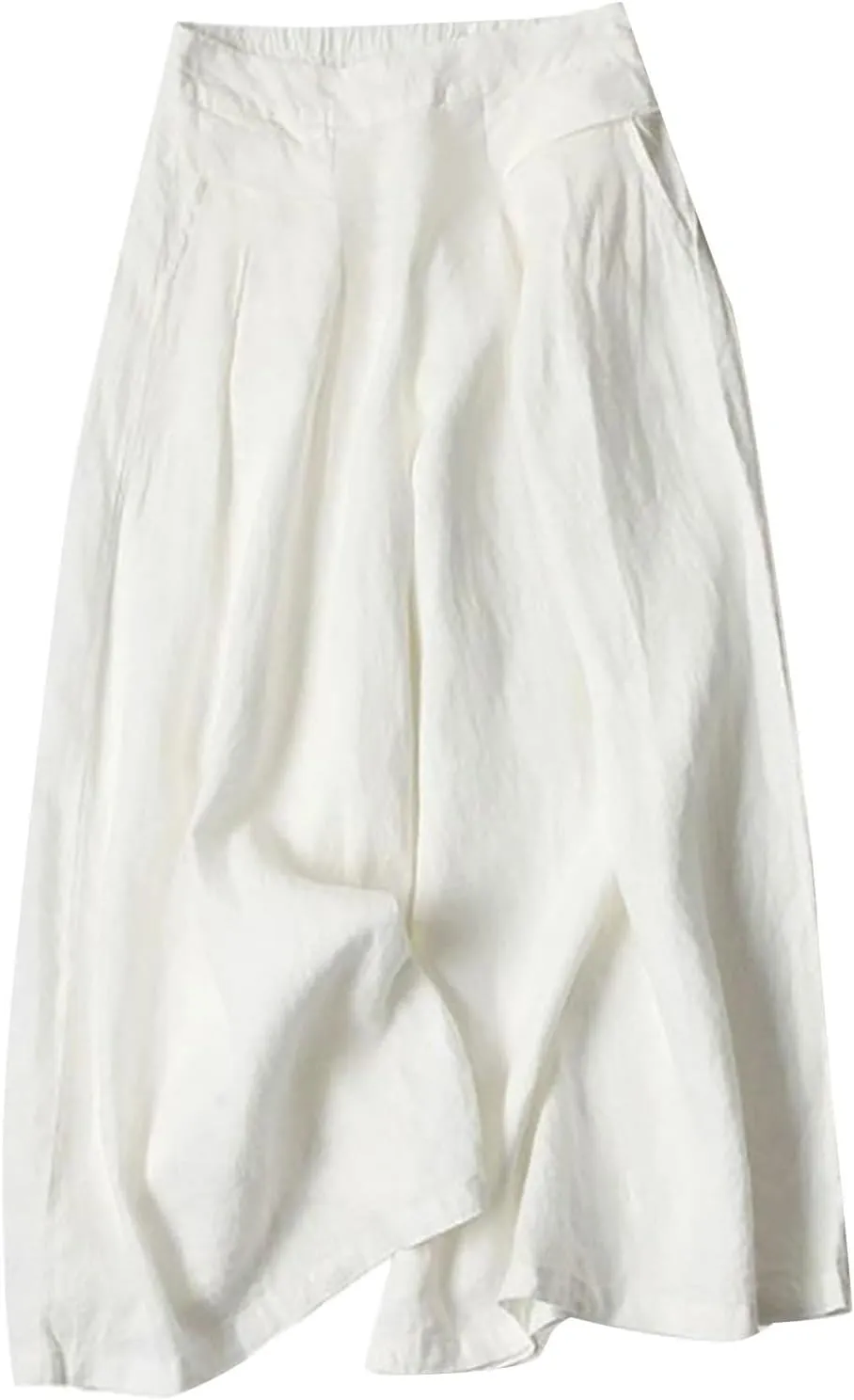 Women' S Culottes Linen Blend Wide Leg Pants Elastic Waist Casual Palazzo Trousers Baggy Comfy Capri Pant with Pocket