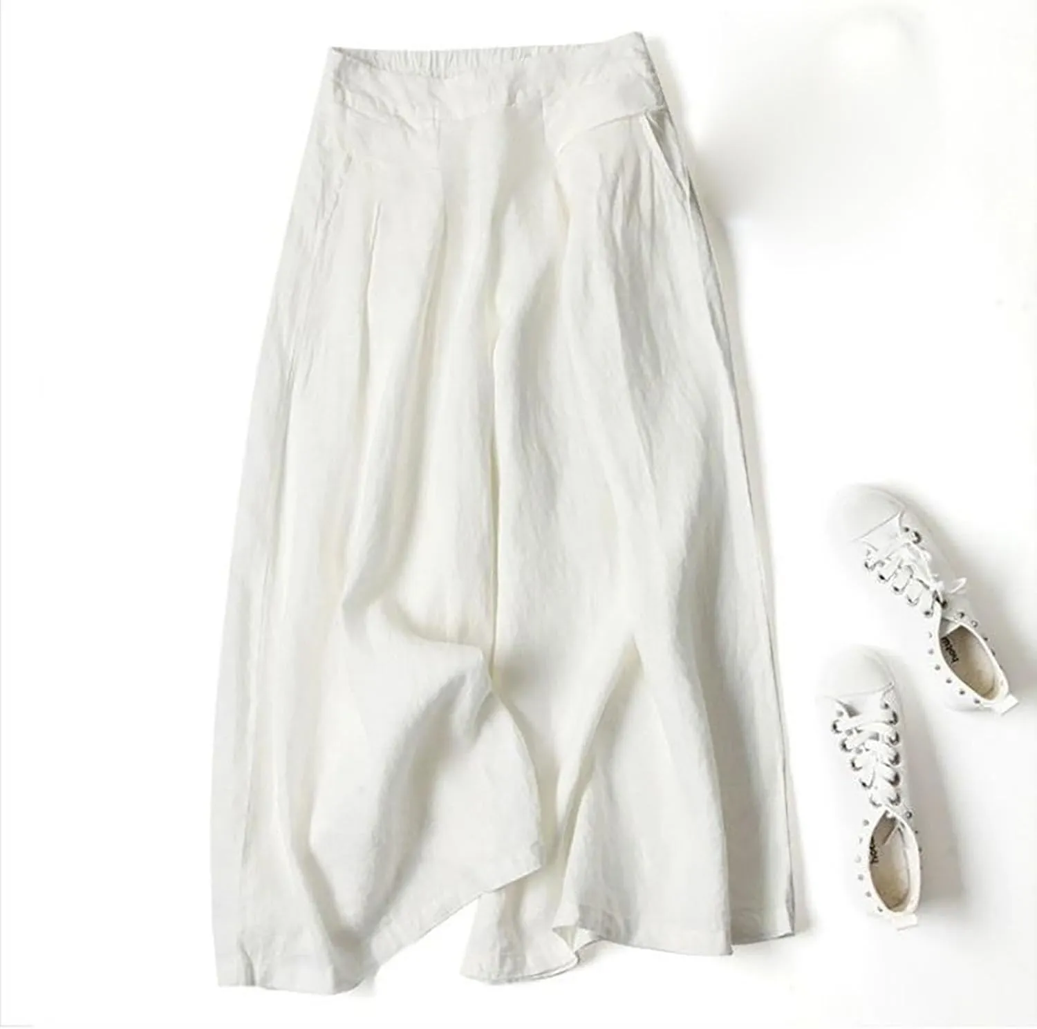 Women' S Culottes Linen Blend Wide Leg Pants Elastic Waist Casual Palazzo Trousers Baggy Comfy Capri Pant with Pocket