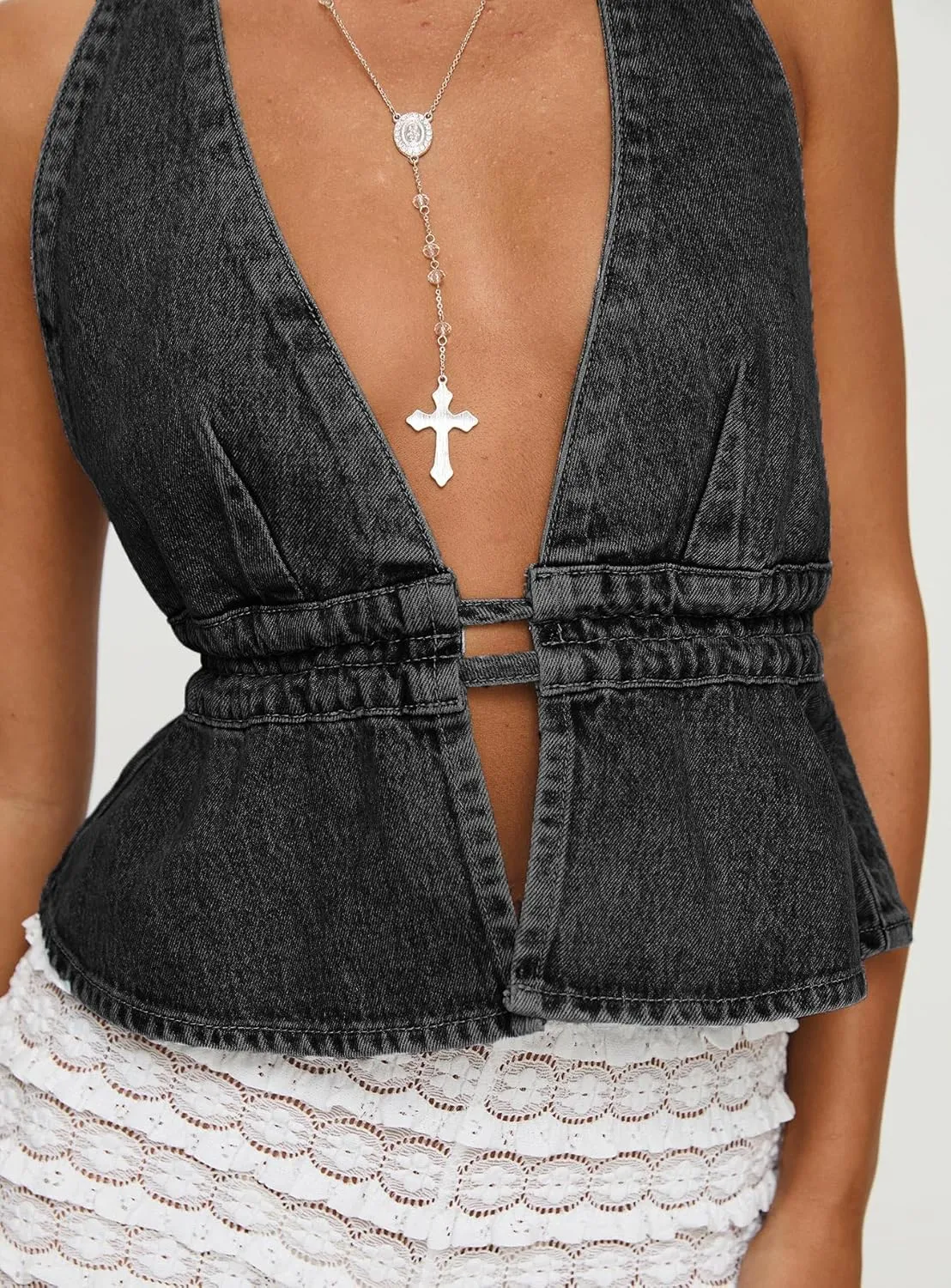 Women Sexy Deep V Neck Halter Denim Tank Top Tie Up Back Solid Color Backless Jean Vest Strapless Cropped Top