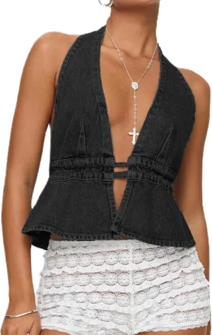 Women Sexy Deep V Neck Halter Denim Tank Top Tie Up Back Solid Color Backless Jean Vest Strapless Cropped Top