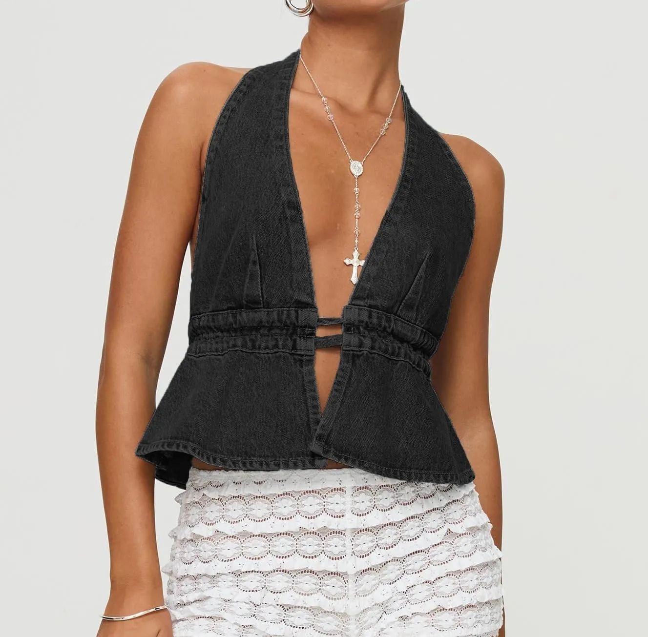 Women Sexy Deep V Neck Halter Denim Tank Top Tie Up Back Solid Color Backless Jean Vest Strapless Cropped Top