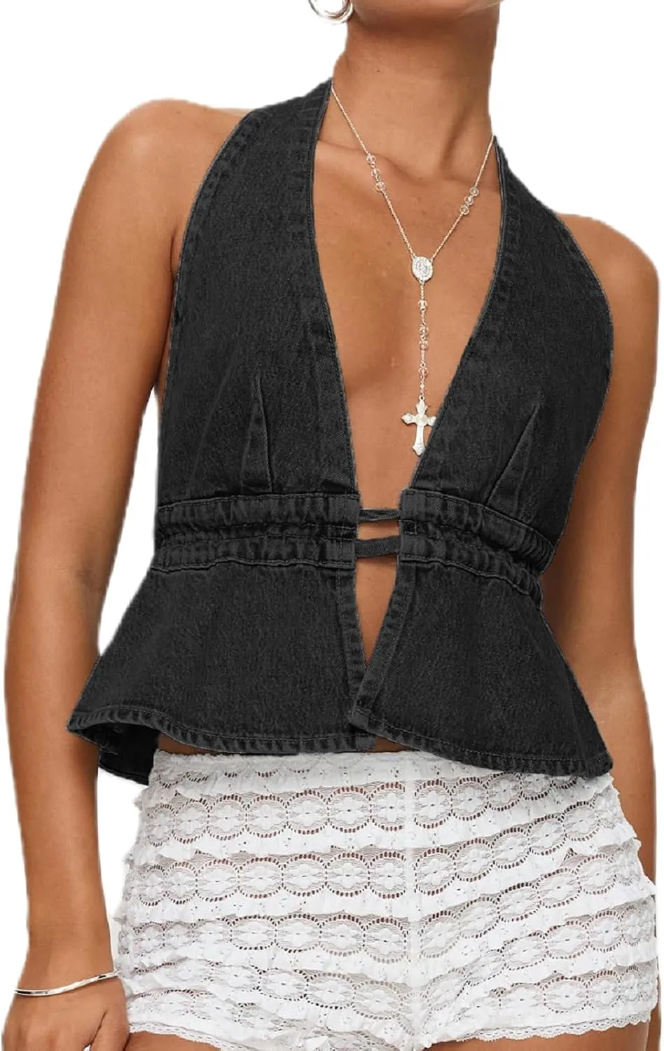 Women Sexy Deep V Neck Halter Denim Tank Top Tie Up Back Solid Color Backless Jean Vest Strapless Cropped Top