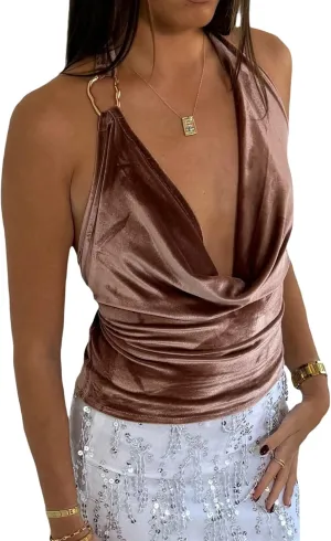 Women Sexy Halter Cowl Neck Crop Top Sleeveless Plunge Neck Going Out Camisole Y2K Drape Neck Backless Cami Top Wear