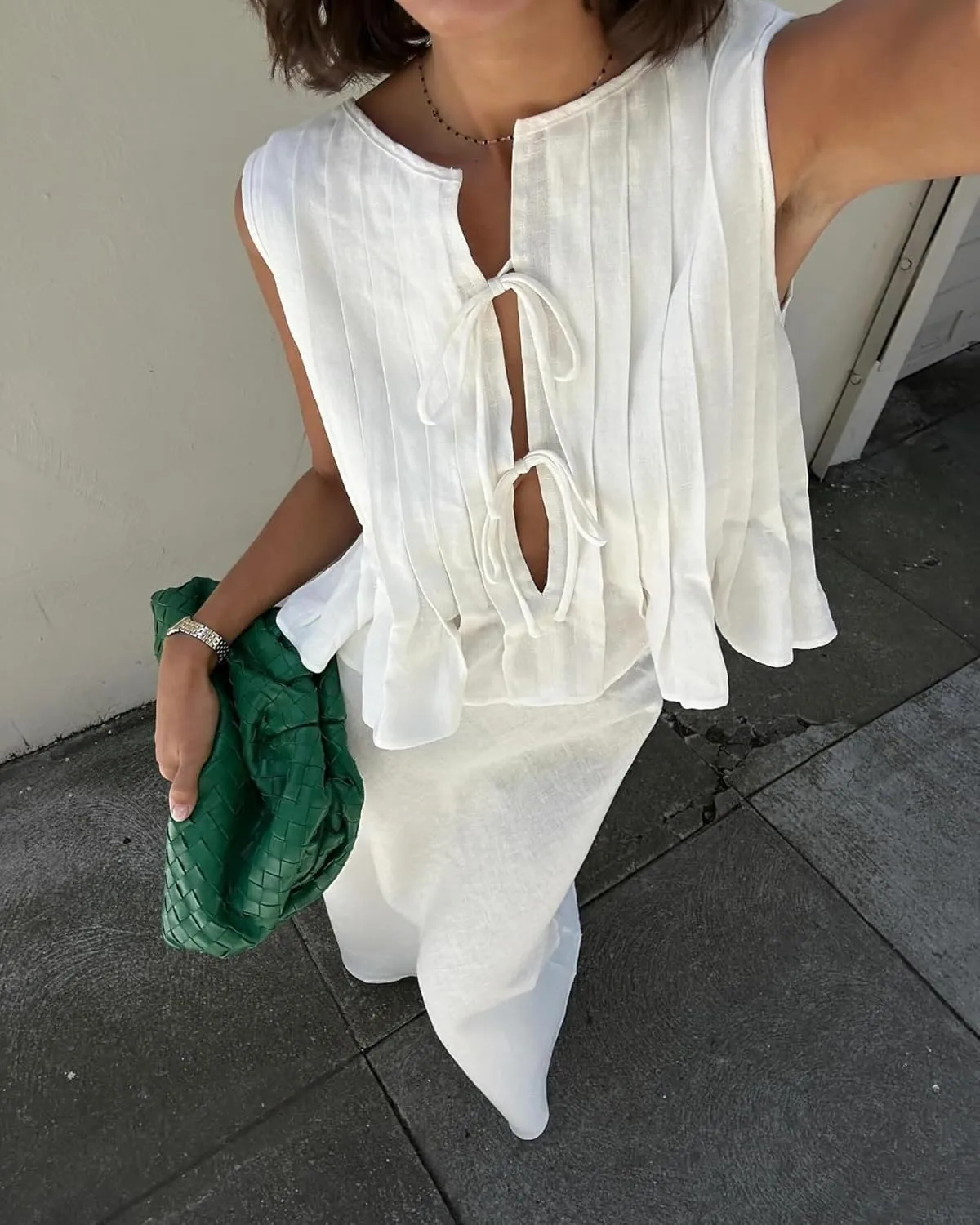 Women Sleeveless Pleated Front Tie Linen Top Y2k Coquette Bow Tie Tank Top Aesthetic Solid Knotted Tie Up Vest