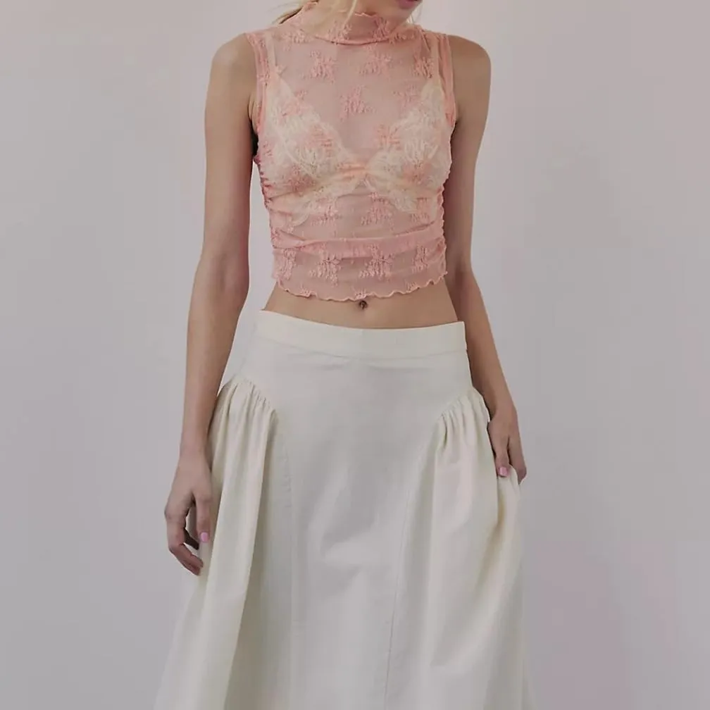 Women Sleeveless See Through Lace Mesh Crop Top Mock Neck Ruched Side Slim Fit Floral Sheer Cropped Tank Top