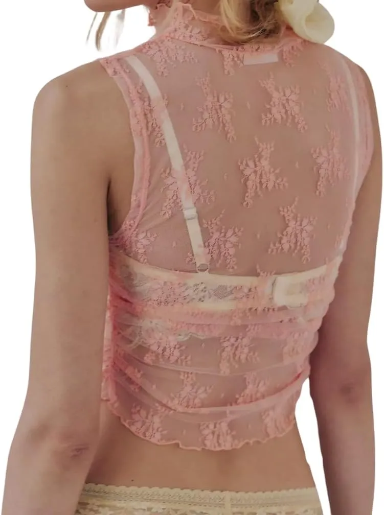 Women Sleeveless See Through Lace Mesh Crop Top Mock Neck Ruched Side Slim Fit Floral Sheer Cropped Tank Top