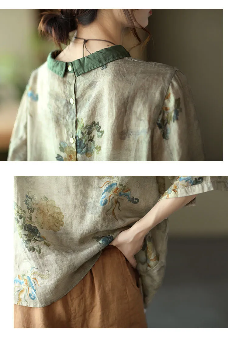 Women Summer Casual Shirts New Vintage Style Floral Print Loose Comfortable Cotton Linen Female Half Sleeve Tops