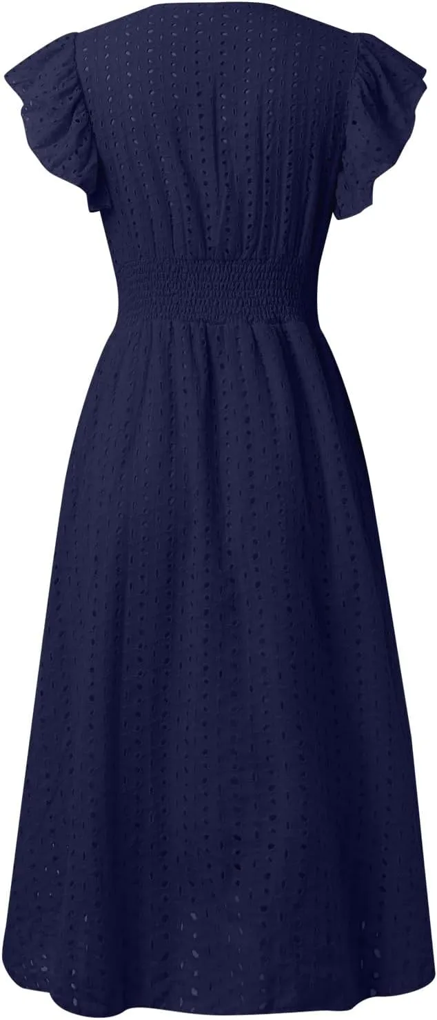 Women Summer Eyelet Dresses Ruffle Sleeve V Neck Loose Fit A Line Midi Dresses Hollow Out Flowy Vacation Casual Sundresses