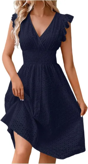 Women Summer Eyelet Dresses Ruffle Sleeve V Neck Loose Fit A Line Midi Dresses Hollow Out Flowy Vacation Casual Sundresses