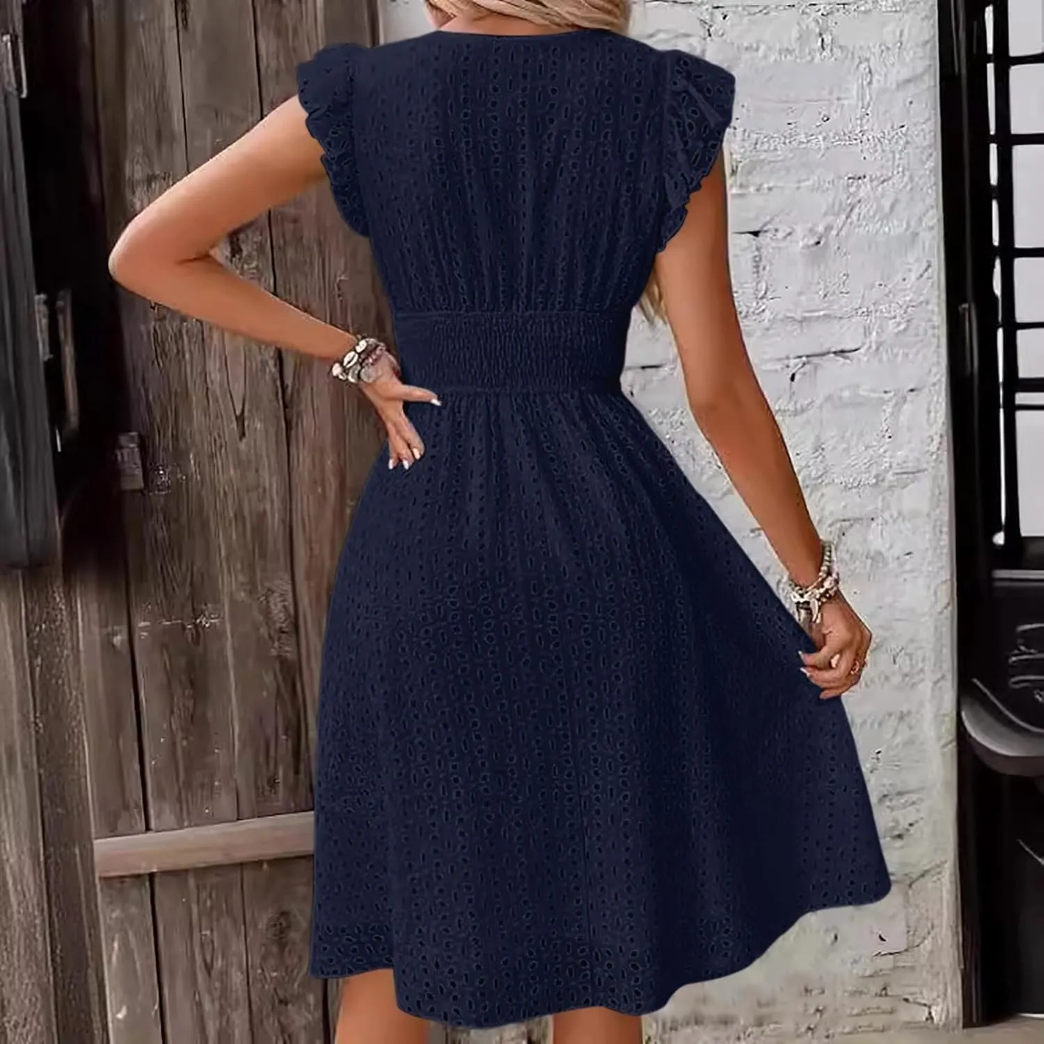 Women Summer Eyelet Dresses Ruffle Sleeve V Neck Loose Fit A Line Midi Dresses Hollow Out Flowy Vacation Casual Sundresses