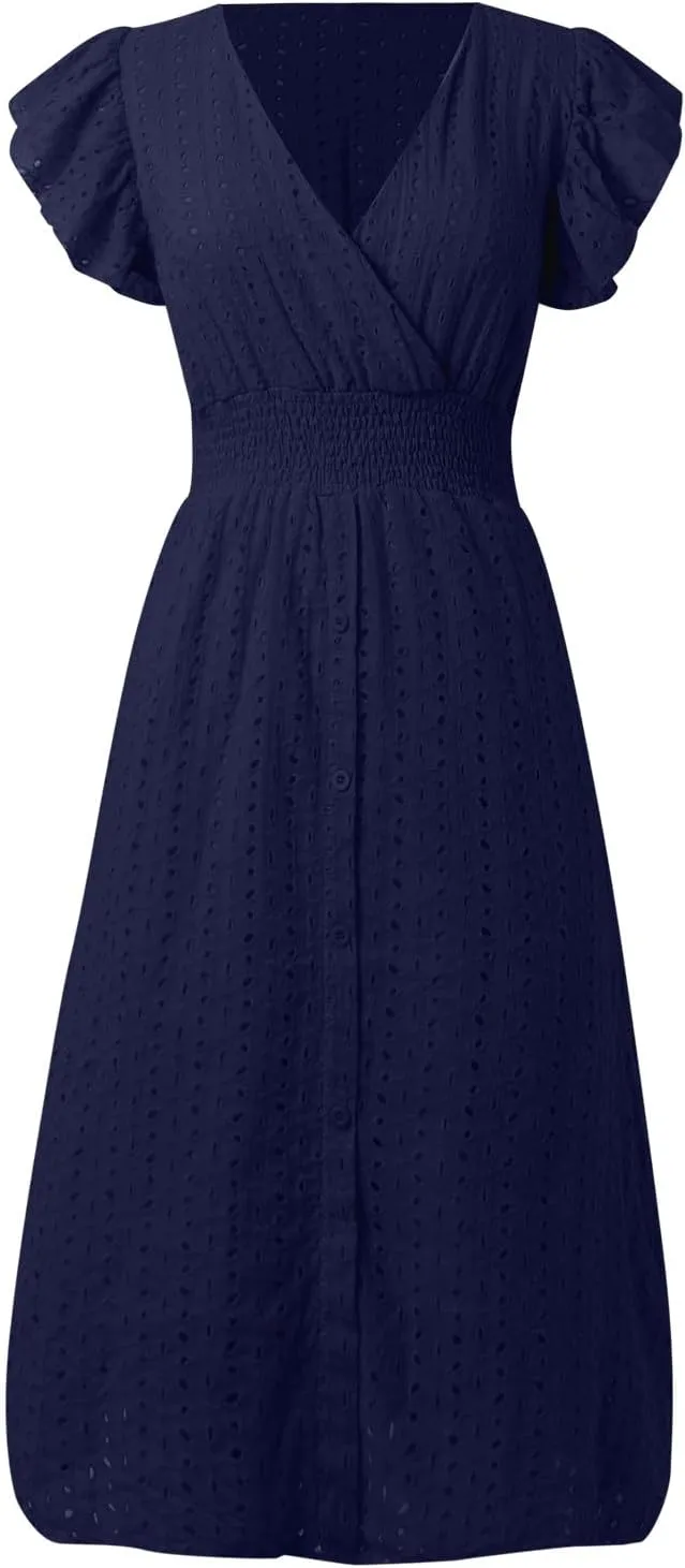 Women Summer Eyelet Dresses Ruffle Sleeve V Neck Loose Fit A Line Midi Dresses Hollow Out Flowy Vacation Casual Sundresses