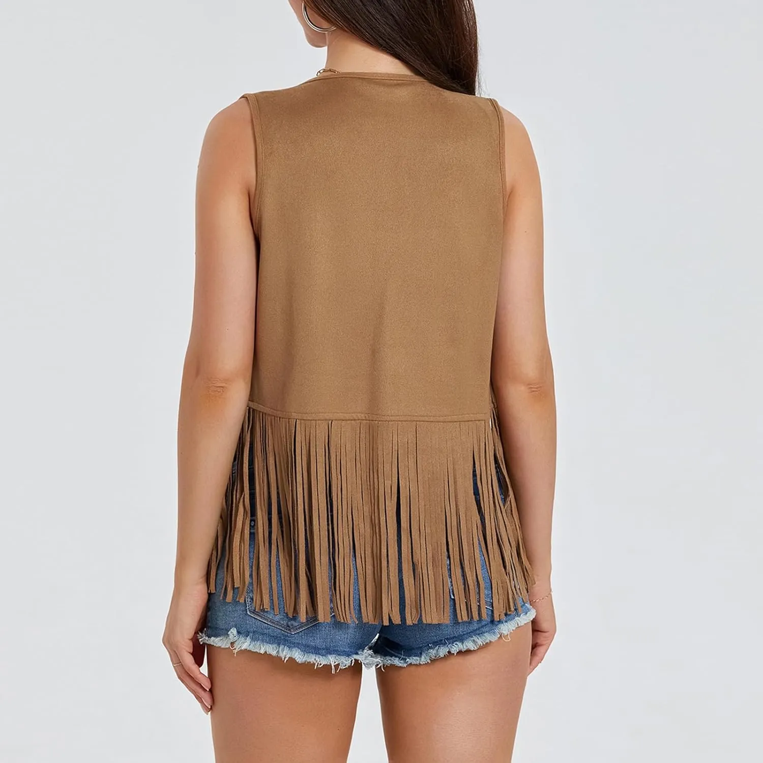Women Tassel Vest 70s Hippie Faux Suede Rivets Sleeveless Fringe Waistcoat Open Front Boho Western Jacket Cardigan