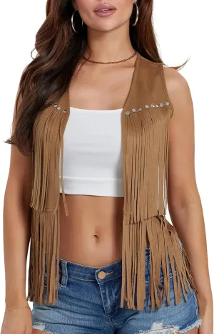 Women Tassel Vest 70s Hippie Faux Suede Rivets Sleeveless Fringe Waistcoat Open Front Boho Western Jacket Cardigan