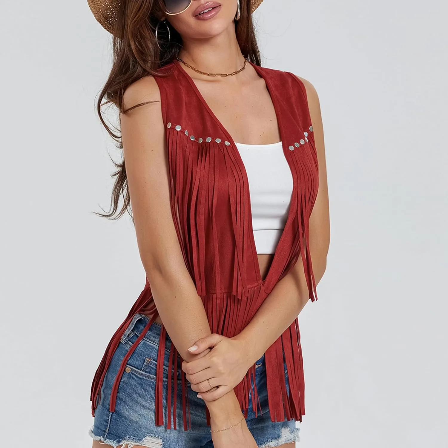 Women Tassel Vest 70s Hippie Faux Suede Rivets Sleeveless Fringe Waistcoat Open Front Boho Western Jacket Cardigan