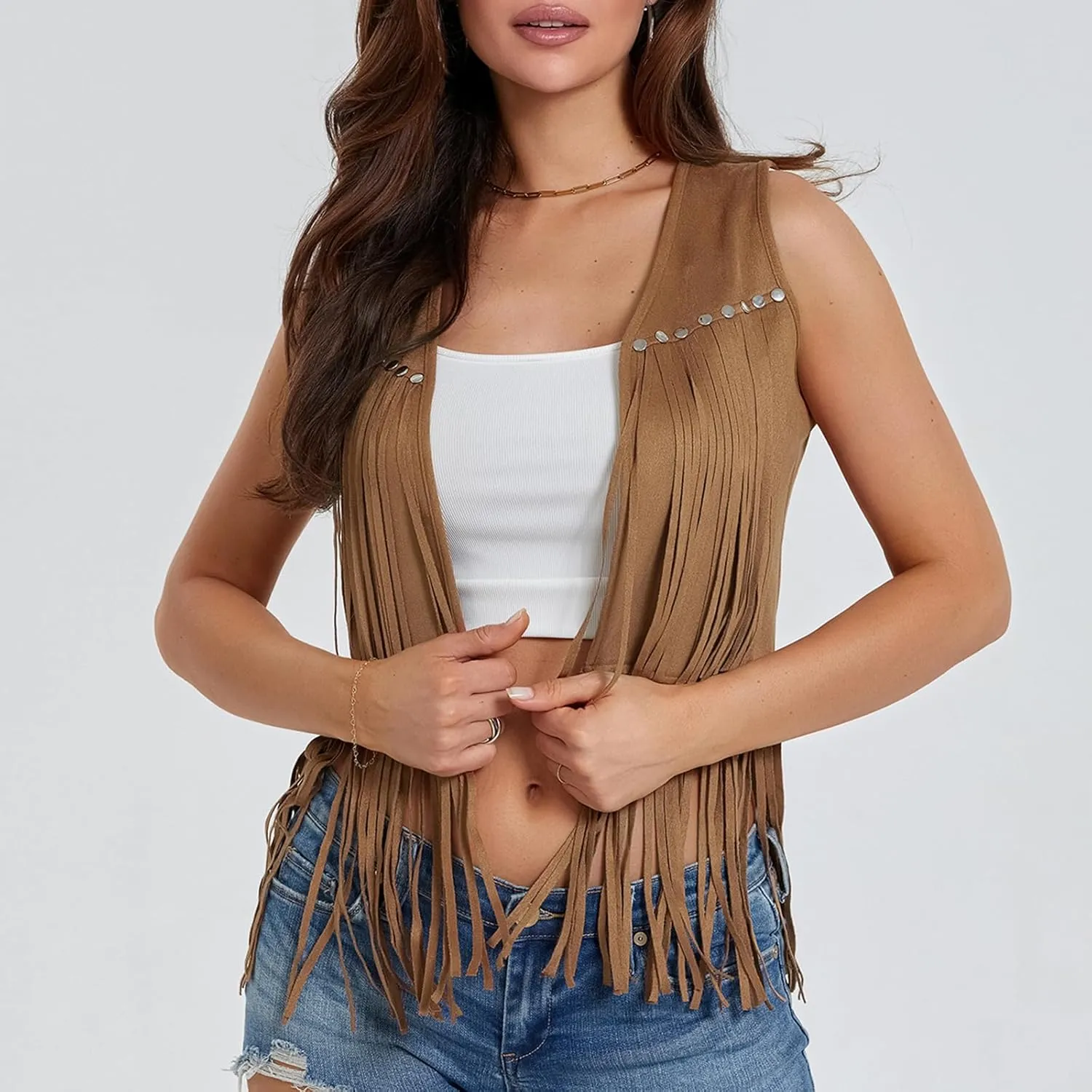 Women Tassel Vest 70s Hippie Faux Suede Rivets Sleeveless Fringe Waistcoat Open Front Boho Western Jacket Cardigan