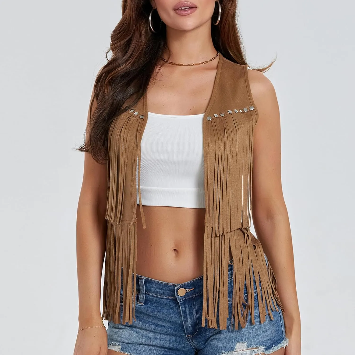 Women Tassel Vest 70s Hippie Faux Suede Rivets Sleeveless Fringe Waistcoat Open Front Boho Western Jacket Cardigan