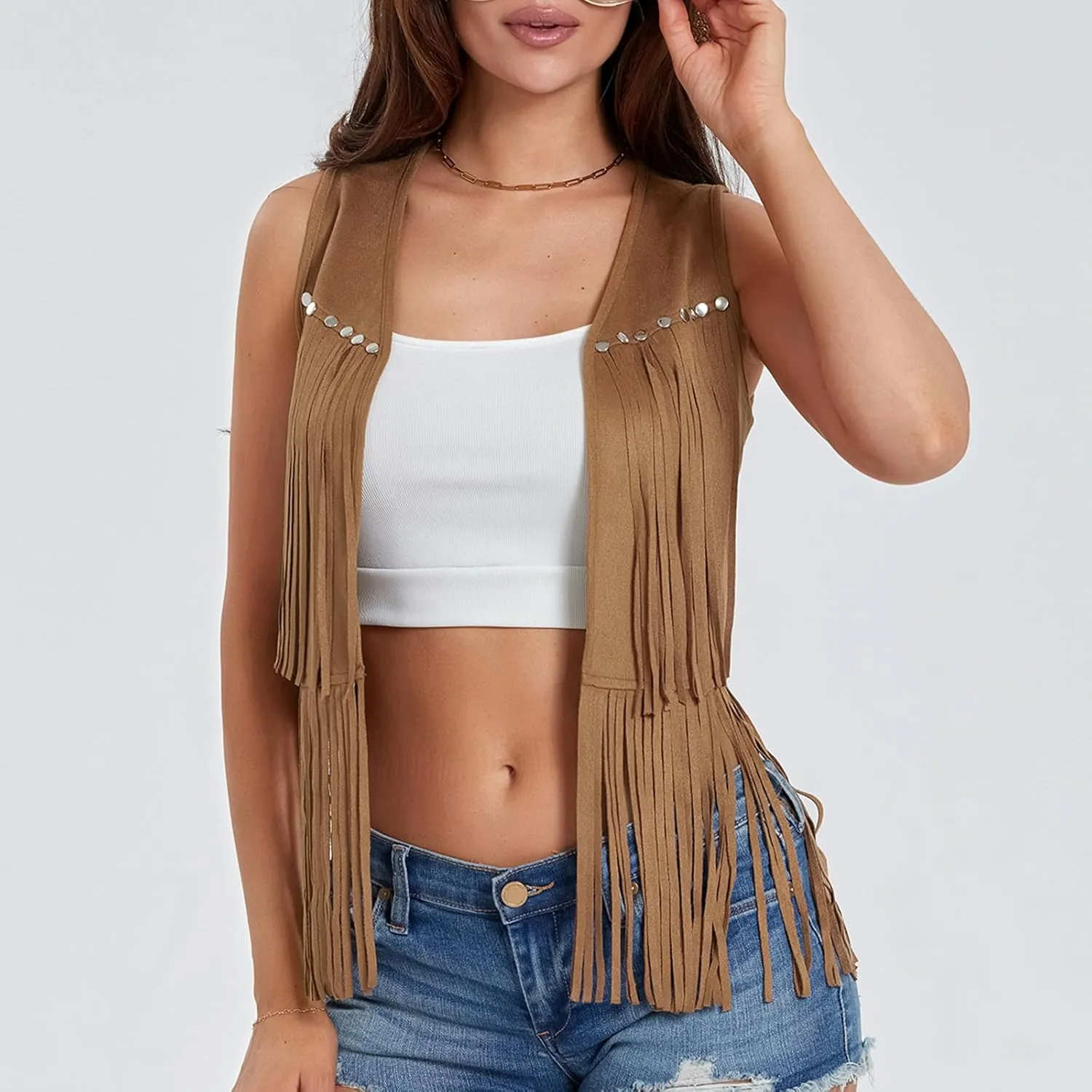 Women Tassel Vest 70s Hippie Faux Suede Rivets Sleeveless Fringe Waistcoat Open Front Boho Western Jacket Cardigan