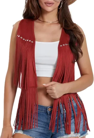 Women Tassel Vest 70s Hippie Faux Suede Rivets Sleeveless Fringe Waistcoat Open Front Boho Western Jacket Cardigan