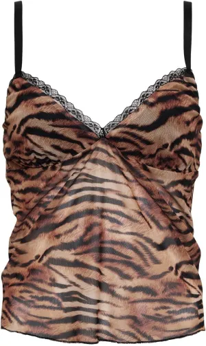 Women Tiger Stripe Print Tank Top Y2k Sexy Lace Trim Cami Top Spaghetti Strap Mesh V Neck Going Out Camisoles
