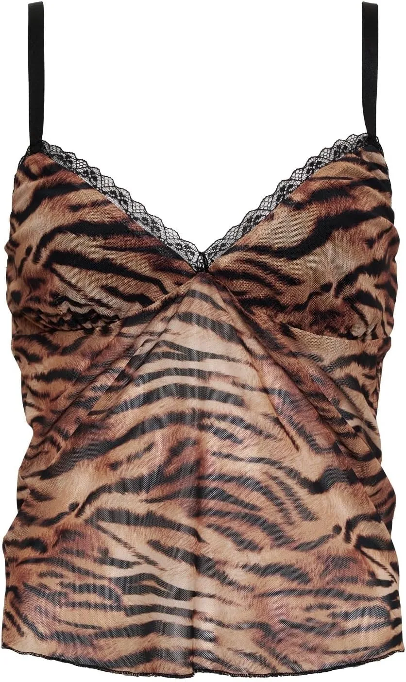 Women Tiger Stripe Print Tank Top Y2k Sexy Lace Trim Cami Top Spaghetti Strap Mesh V Neck Going Out Camisoles