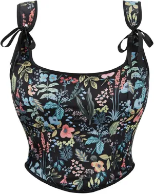 Women Vintage Floral Vest Ren Faire Corset Top Tie Strap Lace Up Back Bustier Tank Top Tight Fit Cropped Vest