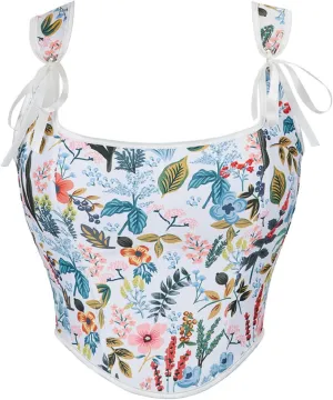 Women Vintage Floral Vest Ren Faire Corset Top Tie Strap Lace Up Back Bustier Tank Top Tight Fit Cropped Vest