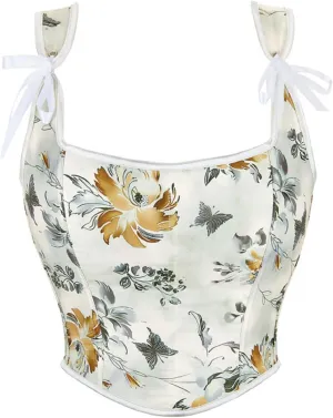 Women Vintage Floral Vest Ren Faire Corset Top Tie Strap Lace Up Back Bustier Tank Top Tight Fit Cropped Vest