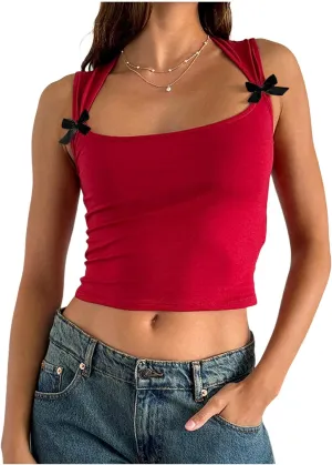 Women Y2K Bow Tank Top Sleeveless Bow Tie Shoulder Cami Crop Top Fairy Grunge Ribbon Camisole Going Out Streetwear
