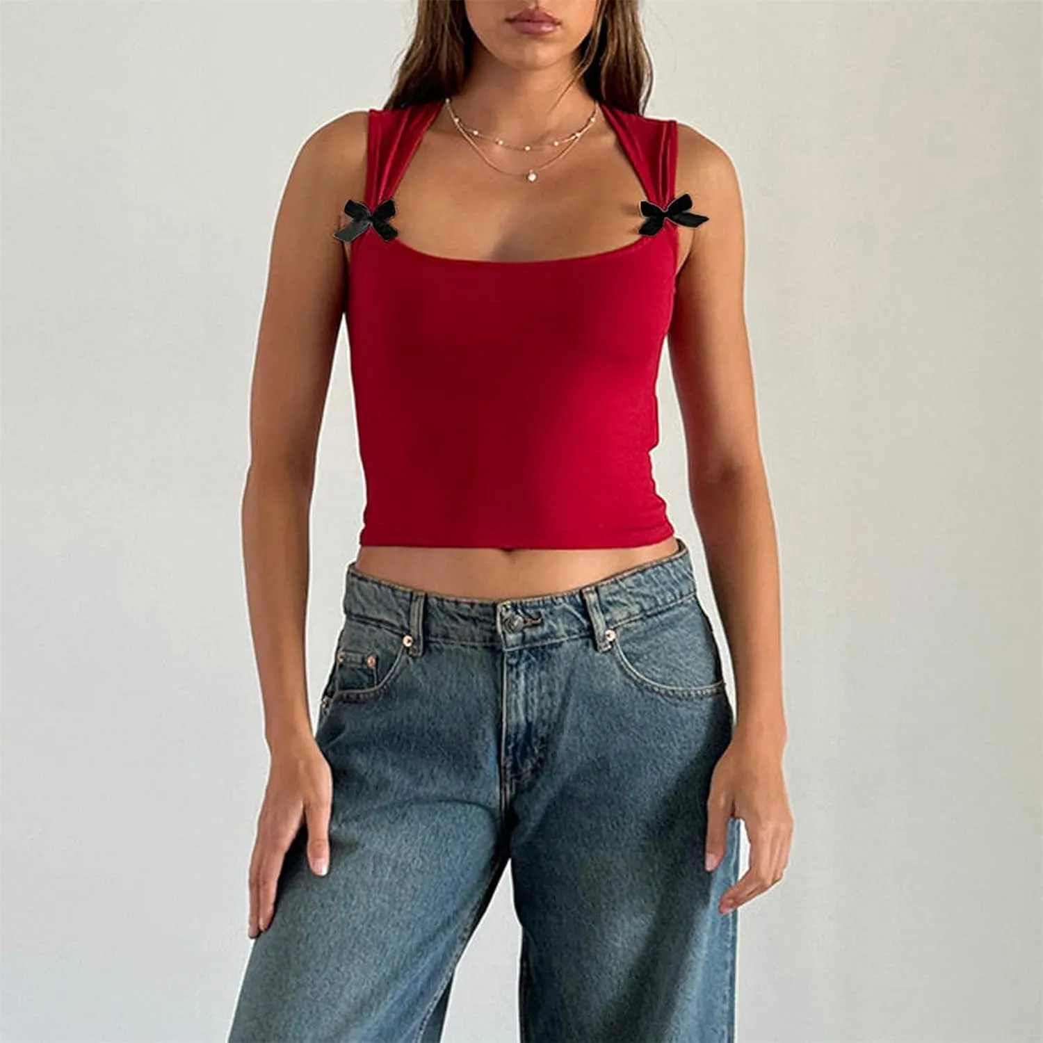 Women Y2K Bow Tank Top Sleeveless Bow Tie Shoulder Cami Crop Top Fairy Grunge Ribbon Camisole Going Out Streetwear