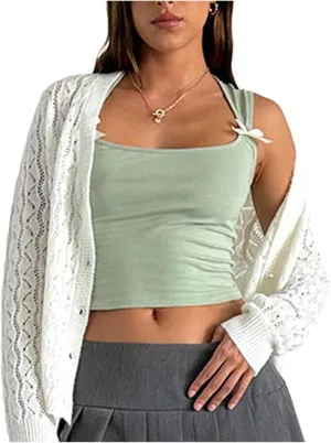 Women Y2K Bow Tank Top Sleeveless Bow Tie Shoulder Cami Crop Top Fairy Grunge Ribbon Camisole Going Out Streetwear